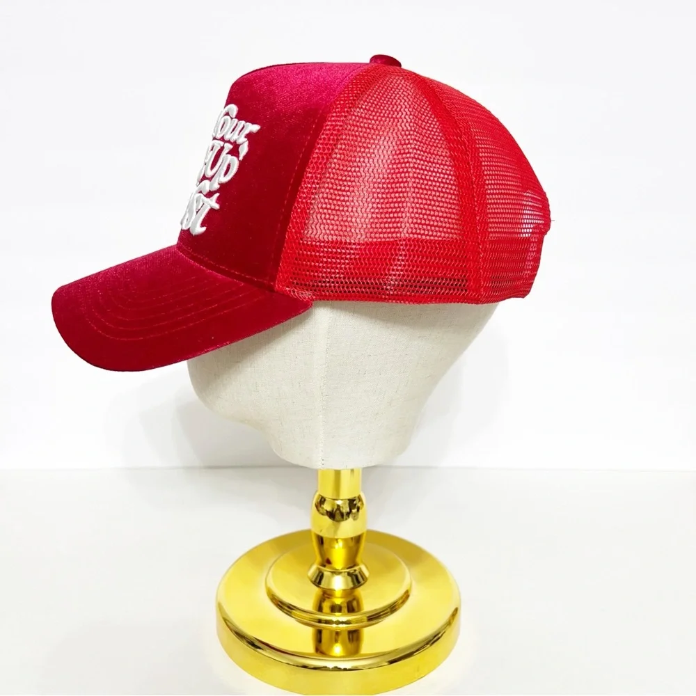 “Fill Your Cup Up First” Red Trucker Hat Inspirational Mesh Snapback